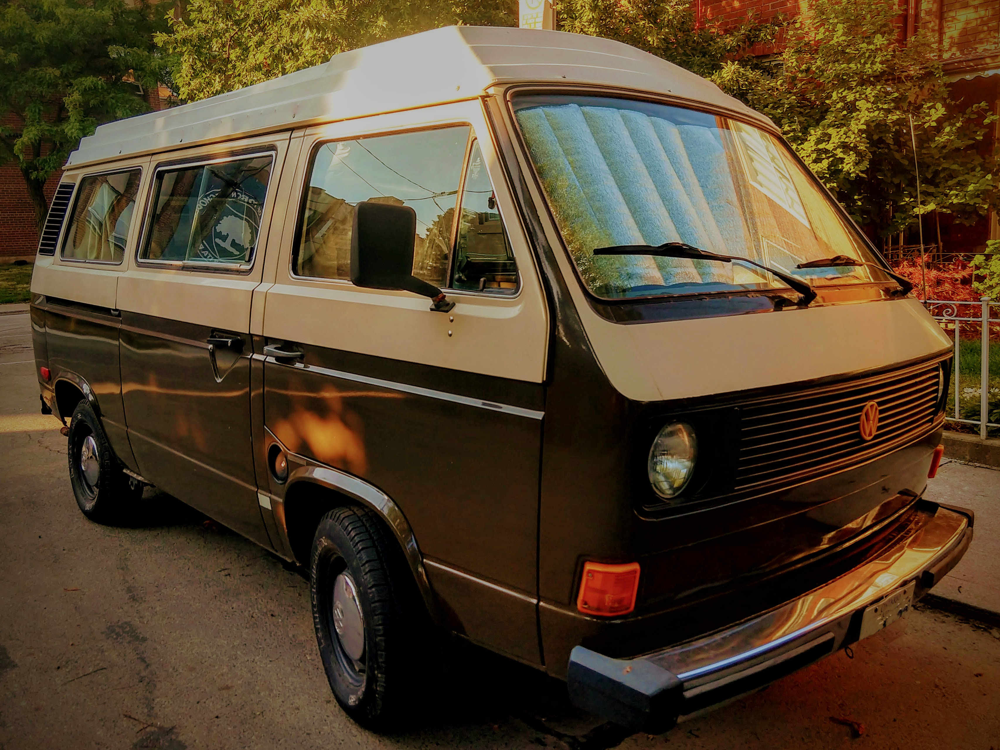 Front left view of a lovely two tone tan and brown Volkswagen T3 Camper van